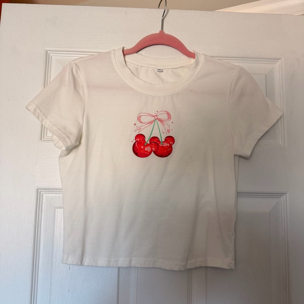 Disney Inspired White Croped Tee with Mickey Cherry Graphic